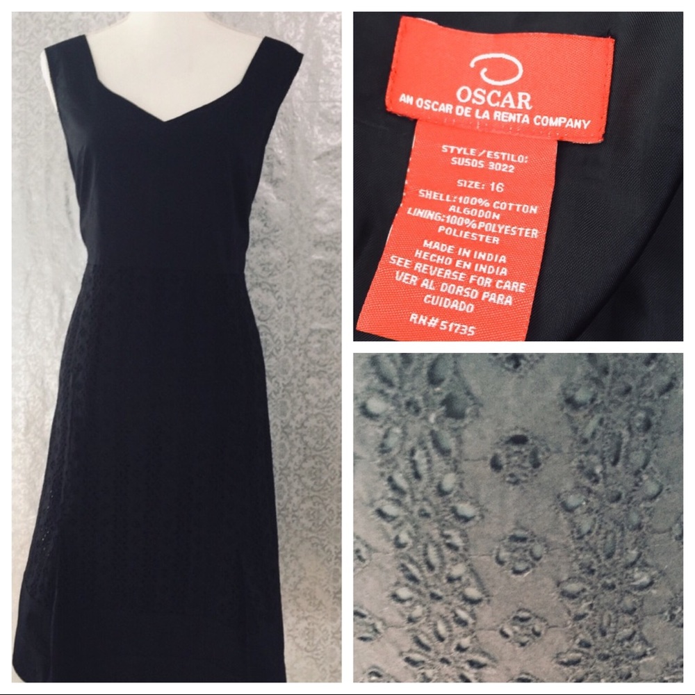 Oscar De La Renta Black Eyelet Dress - 16